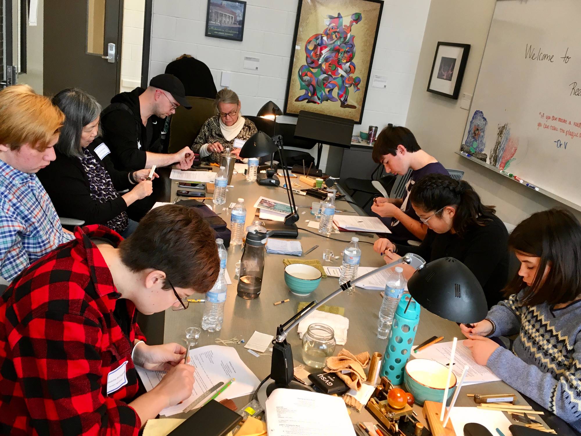 A photo of the GVSU Reed Making Workshop 2019.